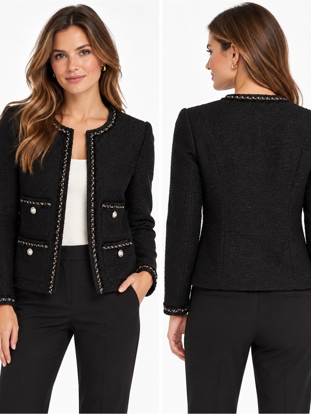 L.K. Bennett London Black Tweed Jacket Chain Trim 4 Pocket Blazer Size 2